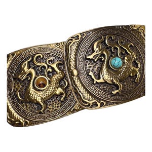 Hebilla de cinturón cuadrada de latón macizo con diseño de dragón turquesa de 40 mm. Compatible con cinturones de 1 1/2".