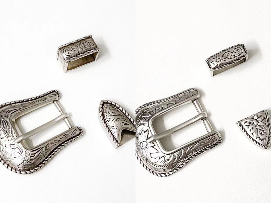 Alloy Vintage Flower Silver Belt Buckle Loop Tips Set(3pcs) 25mm