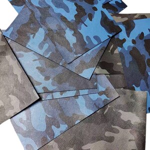 ブルー ブラック グレー カモフラージュ 牛革 革片、本革長方形カット 20×26 cm