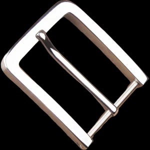 May include: A shiny, silver-colored belt buckle with a rectangular frame and a central bar for securing a belt. The buckle has a classic, minimalist design, suitable for various belt styles.