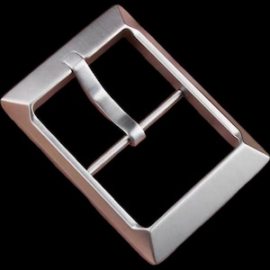 May include: A silver metal buckle with a rectangular shape and a smooth, polished finish.