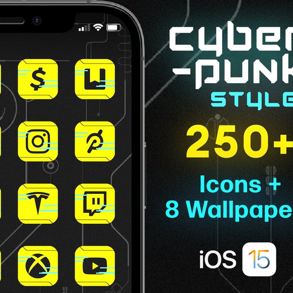 Cyberpunk Style, iOS 16 Icon Set, Neon, Gelb, Futuristische Ästhetik, iOS 16 App Icons, Hochwertiger Stil, 250+ Icons inklusive