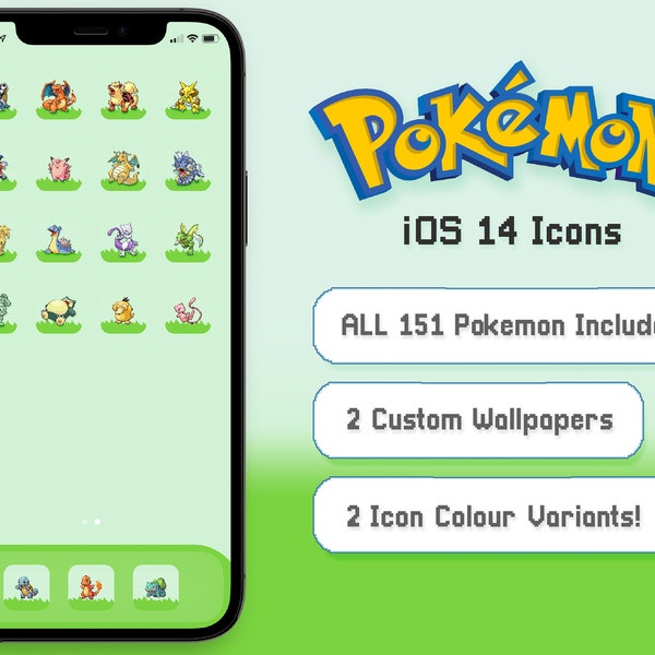 302 Icons! Pokemon-Style Fire Red, Leaf Green (Original 151!) iOS 16 App Icons Set | Aesthetic, High Quality, Two-Colour Variants