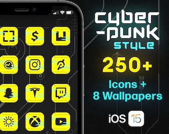 Cyberpunk Style, iOS 16 Icon Set, Neon, Yellow, Futuristic Aesthetic, iOS 16 App Icons, High Quality Style, 250+ Icons Included
