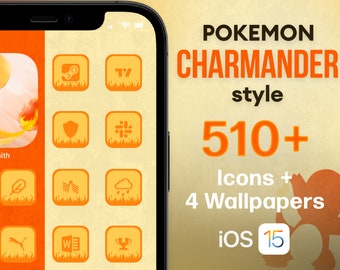 Charmander, Pokemon Style, iOS 16 Icon Set, Manga, Orange, Fire Aesthetic, iOS 16 App Icons, High Quality Style, 510+ Icons Included