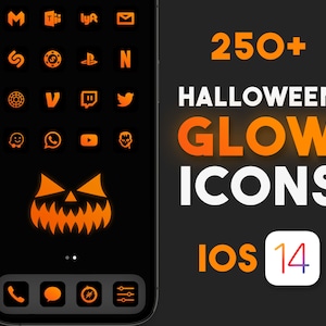 May include: A black iPhone with a glowing orange jack-o'-lantern icon on the screen. The phone has a black background with a grid of orange icons. The text "250+ HALLOWEEN GLOW ICONS iOS 14" is displayed in white and orange on a black background.