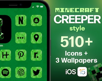 Minecraft, Creeper Style, iOS 16 Icon Set, Video-Game, Green, Pixel Aesthetic, iOS 16 App Icons, High Quality Style, 510+ Icons Included