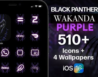 Black Panther WAKANDA Purple, iOS 16 Icon Set, Purple, Black, Glow Aesthetic, iOS 16 App Icons, High Quality Style, 510+ Icons Included