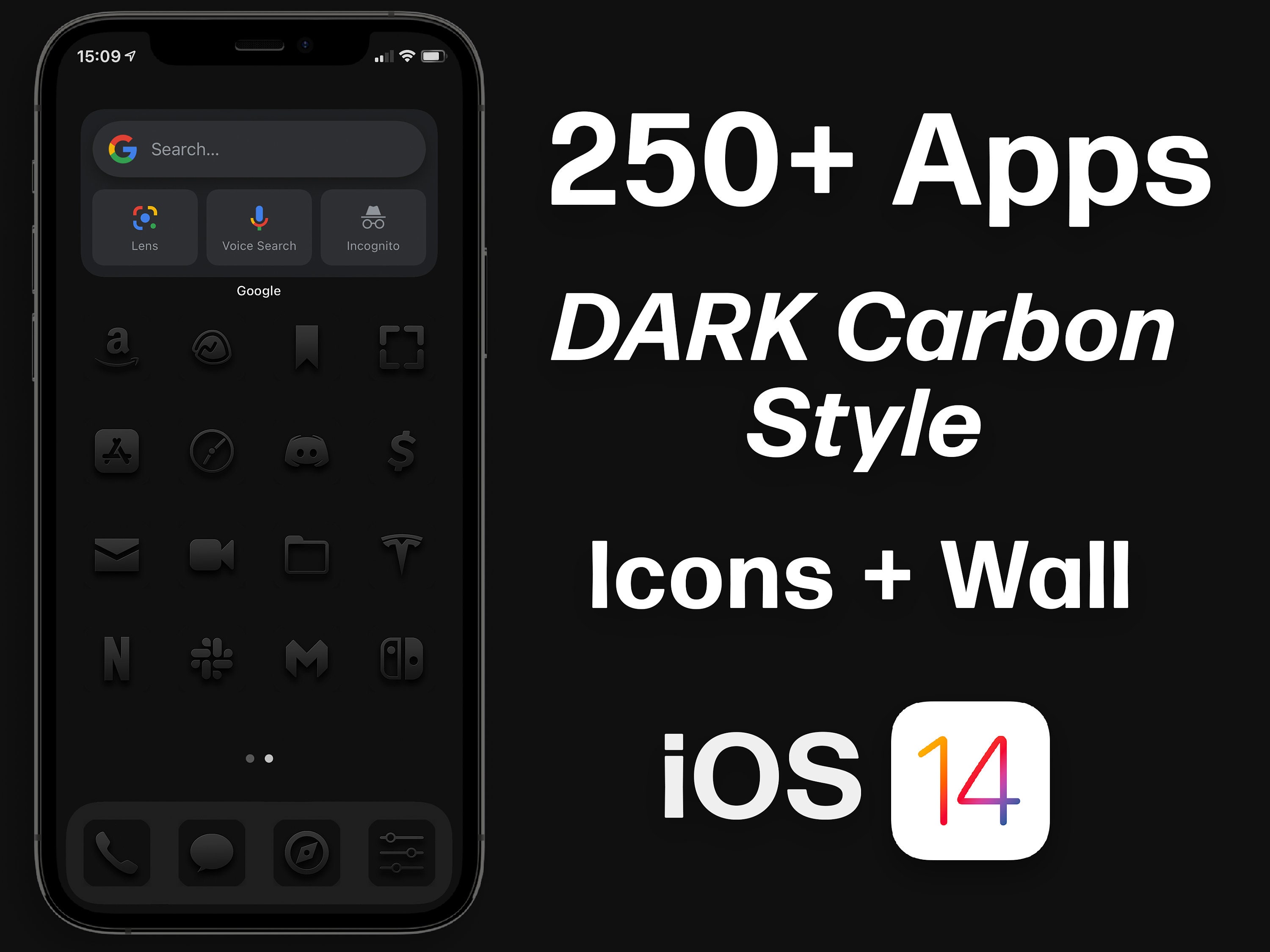 Dark Carbon Style, iOS 16 Icon Set, Dark Aesthetic, iOS 16 App Icons, High Quality Style, 250+ Icons Included