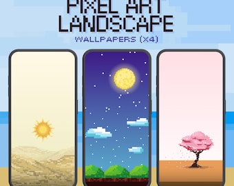 Pixel Art Landscape Phone Wallpapers: Retro Gaming Lock Screens (Digital Download Pack x4)