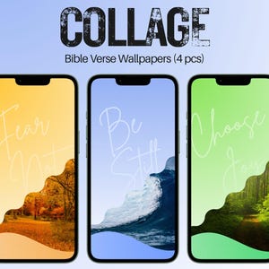 Puede incluir: Tres smartphones que muestran fondos de pantalla con versículos bíblicos. Los teléfonos presentan las palabras "Fear Not", "Be Still" y "Choose Joy". Los fondos de pantalla muestran escenas de la naturaleza con follaje otoñal, olas del océano y un sendero forestal.