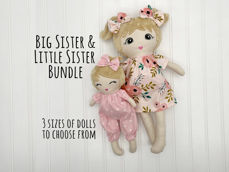custom big sister little sister dolls set of 2, sibling gifts for new baby, personalized rag doll handmade, adoption day gifts for girls image 1