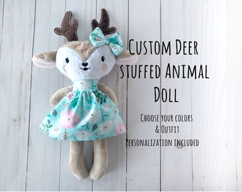 personalized baby deer doll with clothes, custom fawn stuffed animal for baby girl, woodland baby shower gift, little girl gifts 3 years old