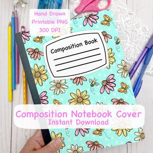 Daisy floral Composition book cover printable PNG for commercial use, floral Bee design for composition notebook covers, printable cover