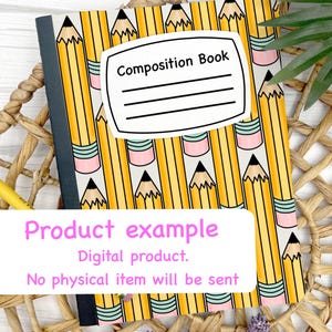 May include: A composition book with a repeating pattern of yellow pencils with black tips and pink erasers. The cover has a white label that says "Composition Book" with lines for writing. The book is on a woven surface.
