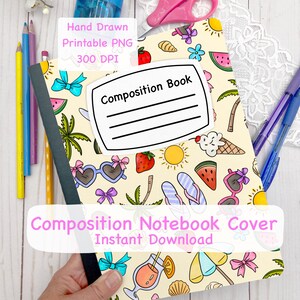 Summer Composition book cover printable PNG for school, beach design for composition notebook covers for girl, printable cover for notebooks