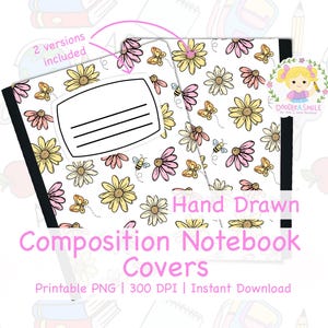 Daisy Floral with Bees Composition book cover printable PNG, cute floral design for composition notebook covers, printable cover for