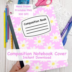 Pink Daisy Composition book cover printable PNG for commercial use, Floral design for notebook covers, printable cover front and back