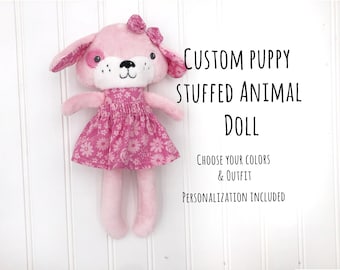 Puppy Doll, plush animal for baby girl, Rag doll animal, Stuffed animal dog, Dog doll, 1st birthday gift for little girl, Personalized gift