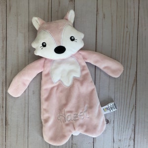 personalized pink fox lovey for baby girl, woodland baby shower gifts, fox first birthday gift girl from aunt, toddler lovey animal security