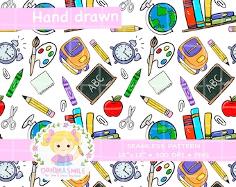 School supplies Seamless pattern for fabric, Back to school Pattern PNG for Sublimation, Digital Download, Teacher Digital paper, Commercial