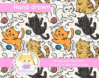 May include: Seamless pattern featuring cartoon cats in various colors, including orange, black, white, and yellow, with playful poses. The design includes yarn balls, fish bones, and paw prints on a cream background. Text reads "Hand drawn" and "Seamless Pattern 12"x12" 300 DPI PNG".