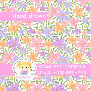 Whimsical Pastel Flower Seamless Pattern for commercial use, Hand-Drawn Floral PNG for Fabric, Boho Floral Seamless Pattern for sublimation