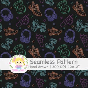 Peut inclure: Motif sans couture avec des illustrations de fitness dessinées à la main sur fond noir. Le motif comprend des haltères, des kettlebells, des baskets, des écouteurs et des bouteilles d'eau dans des tons orange, turquoise, violet et vert. Le motif comprend également des étoiles.