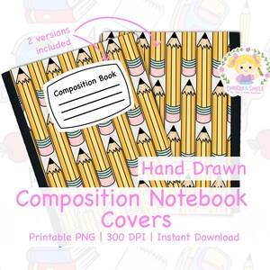 May include: Composition notebook covers with a repeating pattern of yellow pencils with black tips and pink erasers. The words "Composition Book" are on a white label. The text "Hand Drawn Composition Notebook Covers" is in pink.