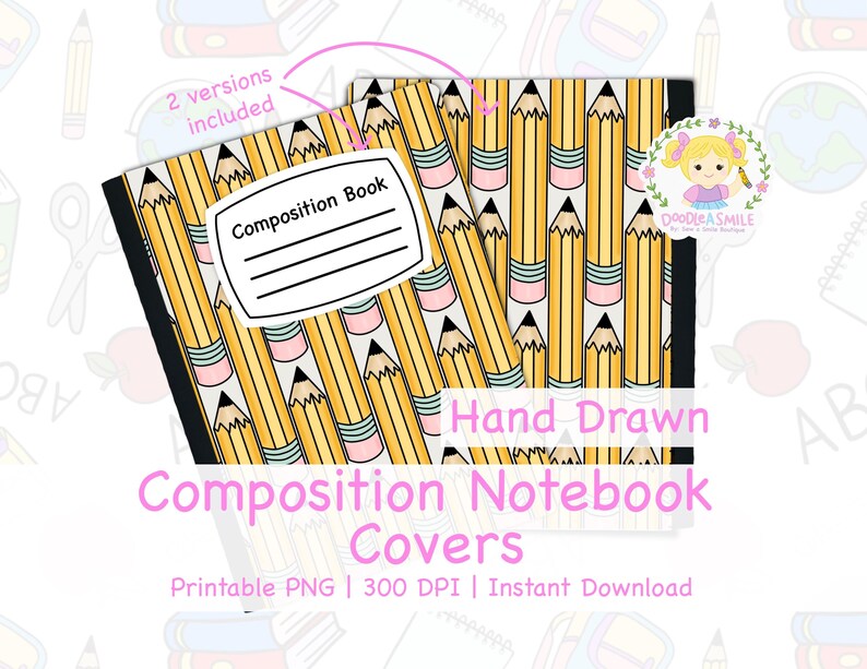 May include: Composition notebook covers with a repeating pattern of yellow pencils with black tips and pink erasers. The words "Composition Book" are on a white label. The text "Hand Drawn Composition Notebook Covers" is in pink.