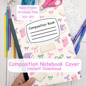 Coquette bookish Composition book cover printable PNG, Books bow design for composition notebook covers, printable cover for notebooks