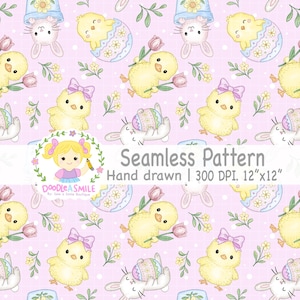 Puede incluir: Patrón de Pascua sin costuras con pollitos amarillos, conejos blancos y huevos decorados sobre un fondo rosa. El diseño incluye tulipanes y elementos florales. El texto "Seamless Pattern" y "Hand drawn | 300 DPI. 30.48cm x 30.48cm" también está incluido.