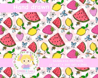 May include: Seamless pattern featuring hand-drawn illustrations of watermelon slices, lemons, strawberries, bees, and blue bows on a pink and white checkered background. The text "Hand drawn" and "Seamless Pattern" are also included. The pattern is 12"x12" and 300 DPI.