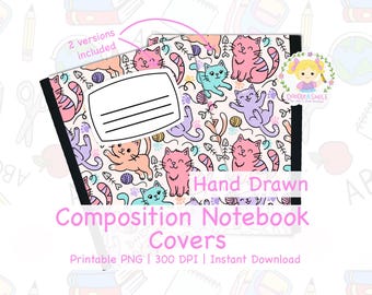 Pastel Kitties Composition book cover printable PNG for school, Cat design for composition notebook covers, printable cover for notebook