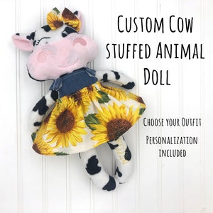 personalized cow doll with clothes, custom black and white cow stuffed animal, cow gifts for cow lovers, cute cow baby gift, 11 inch doll