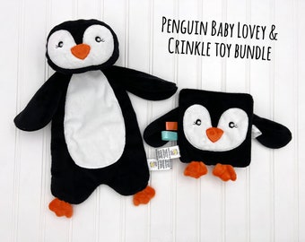 Gender Neutral baby gift, Penguin baby lovey, 1st birthday gift for niece, Personalized lovey for baby, baby crinkle toy, baby snuggler
