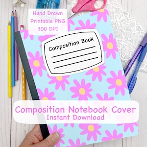 Cute daisy Composition book cover printable PNG for commercial use, floral design for composition notebook covers, printable cover for note
