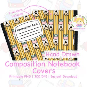 May include: Composition notebook covers with a repeating pattern of yellow pencils with black tips and pink erasers. The words "Composition Book" are on a white label. The text "Hand Drawn Composition Notebook Covers" is in pink.