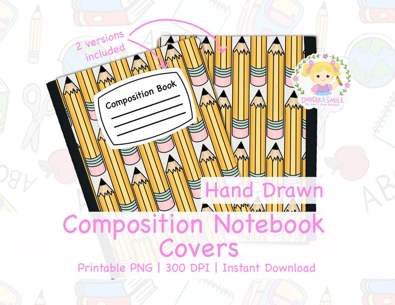 May include: Composition notebook covers with a repeating pattern of yellow pencils with black tips and pink erasers. The words "Composition Book" are on a white label. The text "Hand Drawn Composition Notebook Covers" is in pink.