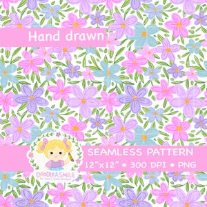 Pastel Hand-Drawn Floral Seamless Pattern PNG for commercial use, Cute Spring Flowers Digital Paper for Sublimation, whimsical floral seamle