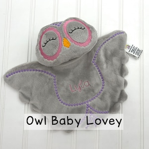 Personalized owl lovey, snuggle baby lovey animal, owl baby gifts for newborns, embroidered lovey, Monogrammed security blanket, comfort toy