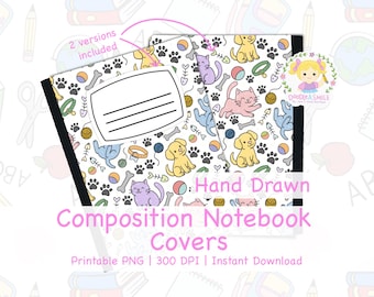 Colorful cats Composition book cover printable PNG for school, Dog and cat design for composition notebook covers, printable cover for
