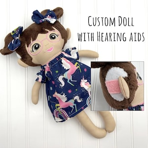 custom hard of hearing look alike baby doll handmade, personalized cloth doll with hearing aid, deaf gifts, cochlear implant doll for girls