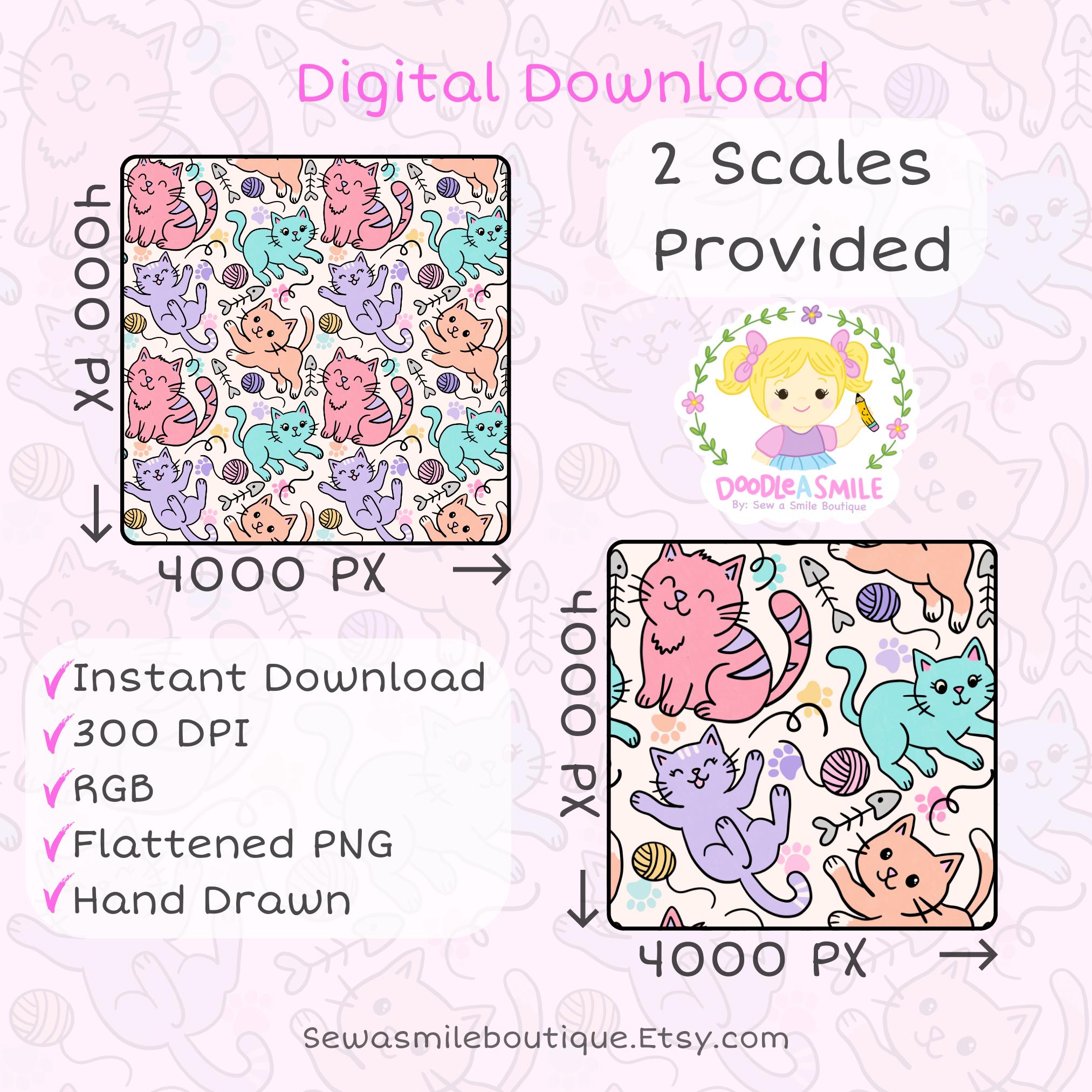 Cute Hand Drawn Kitty Seamless Pattern PNG, Pastel Cat Digital Paper ...