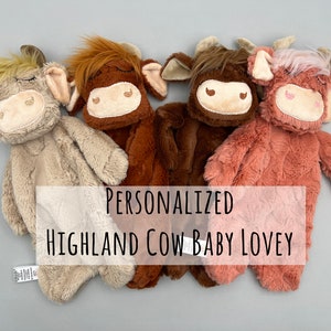 Personalized highland cow lovey, snuggle animals, highland cow baby shower gift, baby lovey blanket, comfort blanket with embroidered name