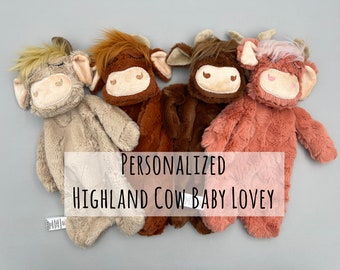Personalized highland cow lovey, snuggle animals, highland cow baby shower gift, baby lovey blanket, comfort blanket with embroidered name