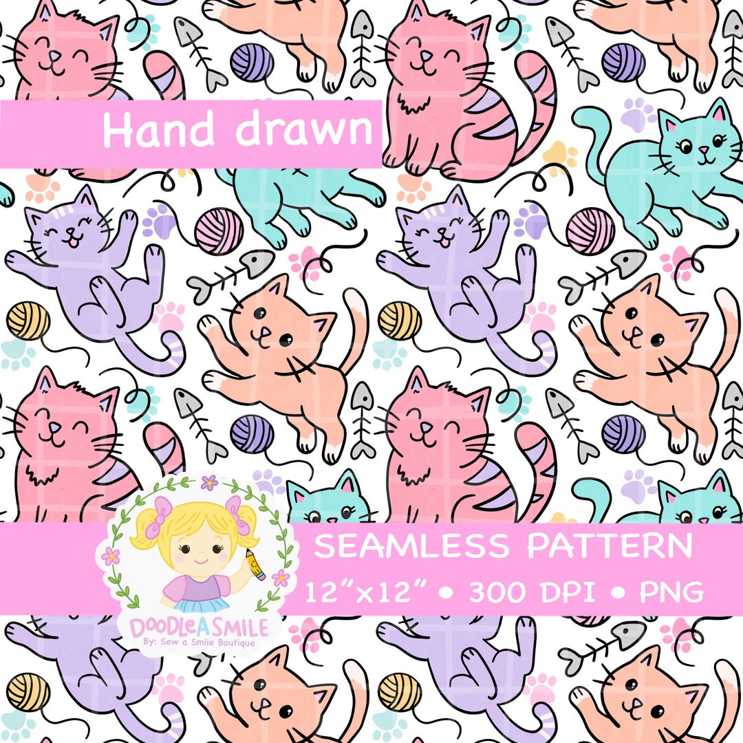 Cute Hand Drawn Kitty Seamless Pattern PNG, Pastel Cat Digital Paper ...