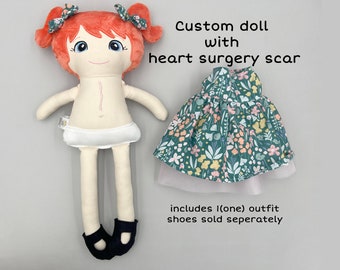 custom look alike doll, heart surgery doll with scar, 3rd birthday gift for girl, birthday gift for little girl, surgery recovery, CHD Scar