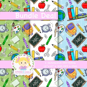 Bundle of School Seamless pattern for fabric, Back to school Pattern PNG for Sublimation, Digital Download, Teacher seamless Digital paper