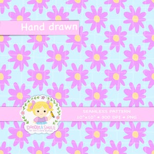 Puede incluir: Un patrón sin costuras de flores rosas dibujadas a mano con centros amarillos sobre un fondo de cuadrícula azul claro. El diseño incluye el texto "Hand drawn" y "Seamless Pattern". La imagen también incluye un logotipo con una niña de dibujos animados.